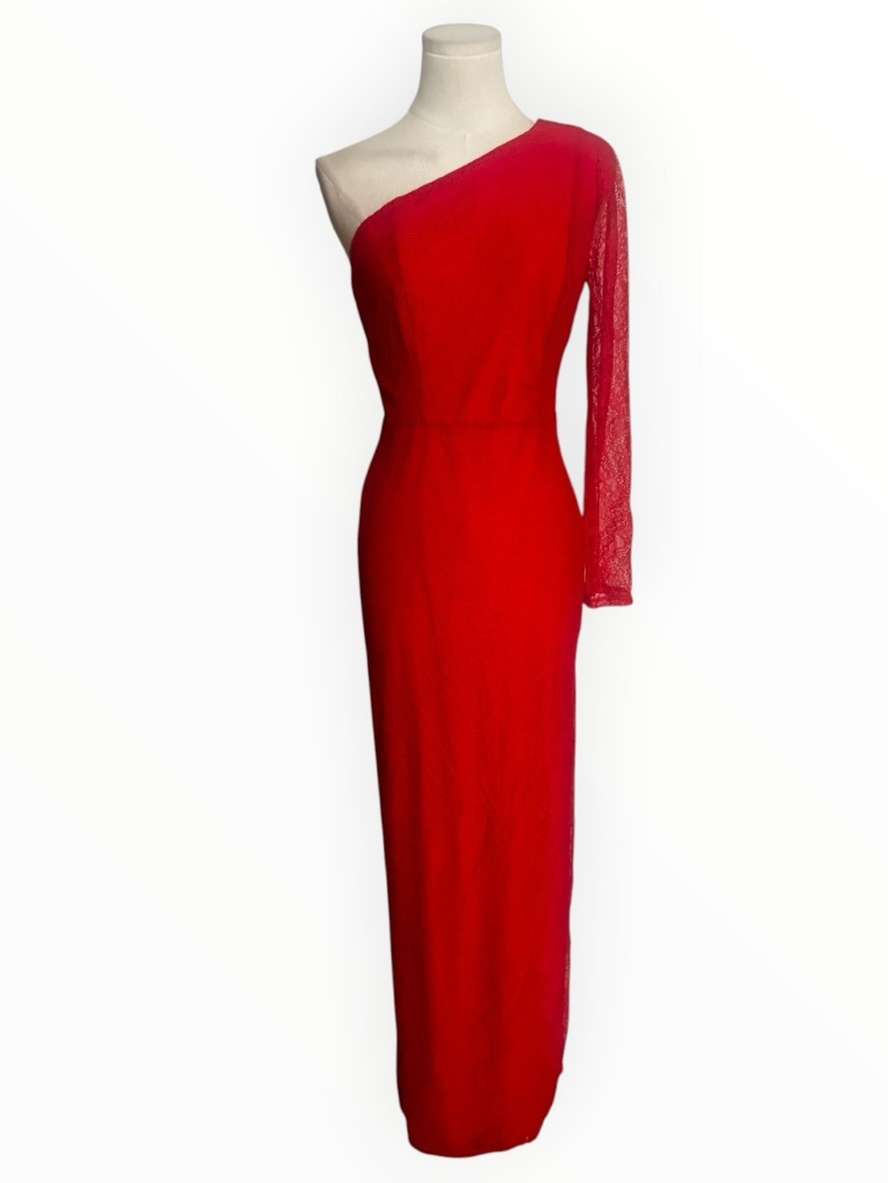 NBD One-Shoulder Red Lace Maxi Gown Slit Dance Wedding Cocktail Party Dress S
